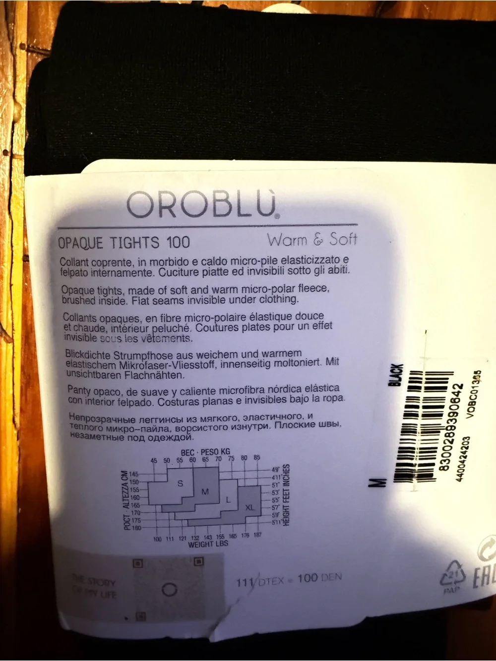 OROBLU Warm and Soft Opaque Black Tights Size M